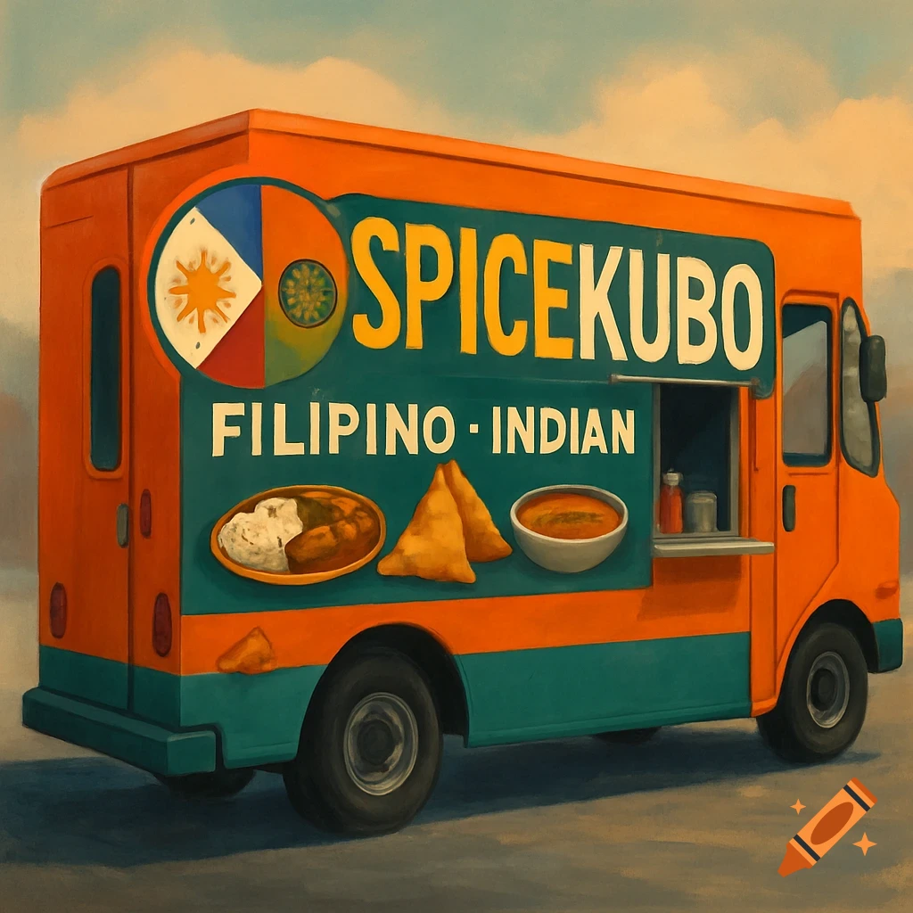 A painted orange and teal food truck named 'Spicekubo' serving Filipino and Indian food, with a plate of food, samosas, and a bowl of curry displayed.