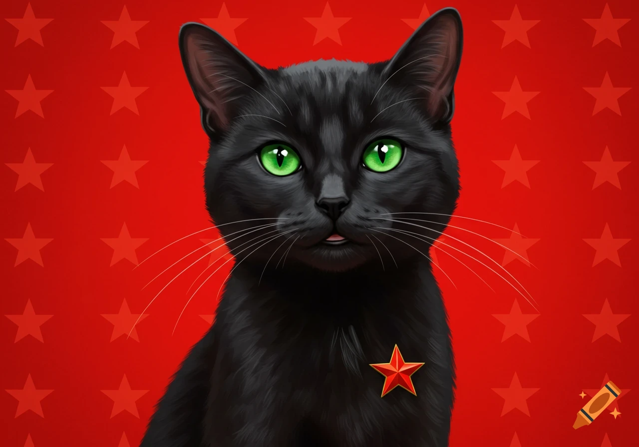 A black cat with bright green eyes and a red star badge, against a red background filled with red stars.