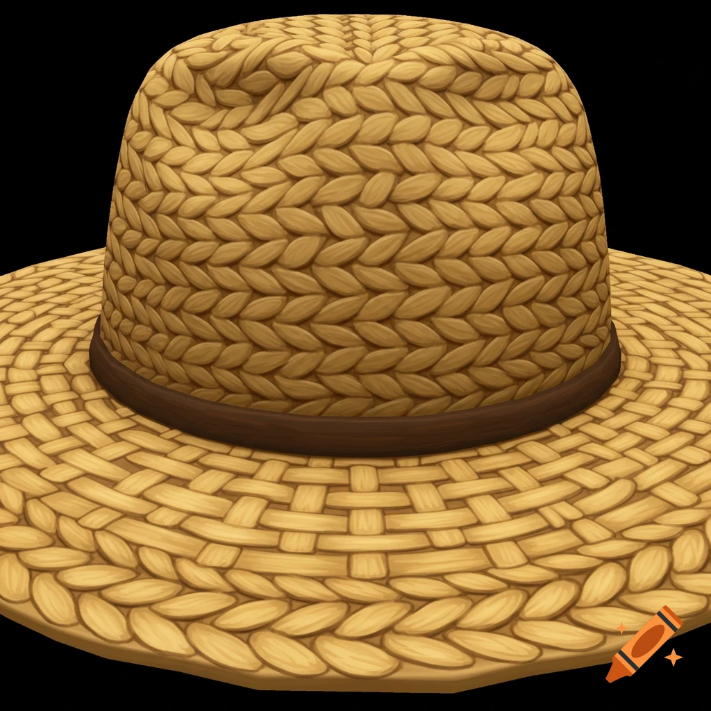 A close-up view of a straw hat with a dark brown band around the crown, against a black background.
