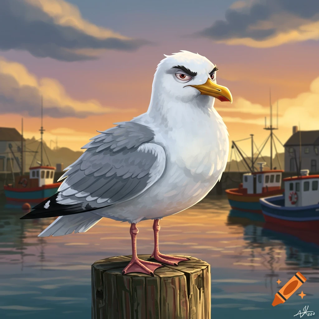 A tough cartoon seagull with a yellow beak and white feathers stands on a wooden post in a harbor at sunset, with boats in the background.