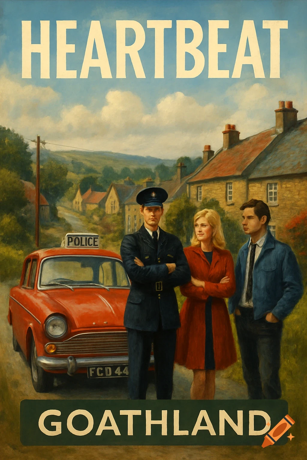 Vintage poster painting of a police officer, woman, and man with a red police car in a rural village, with 'HEARTBEAT' and 'GOATHLAND'.