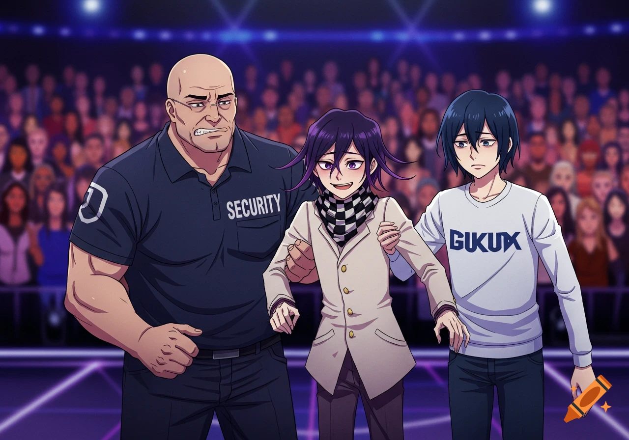 An anime security guard escorts a purple-haired boy on a stage, while a black-haired boy stands by, ignoring them. An audience is blurred in the background.