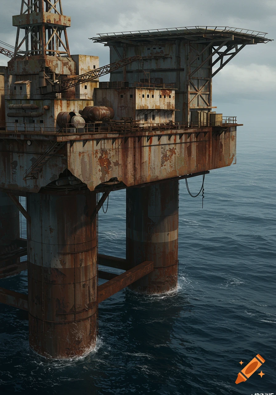 A detailed, photorealistic image of an old, rusty oil rig standing in the middle of a vast, calm ocean under a cloudy sky.