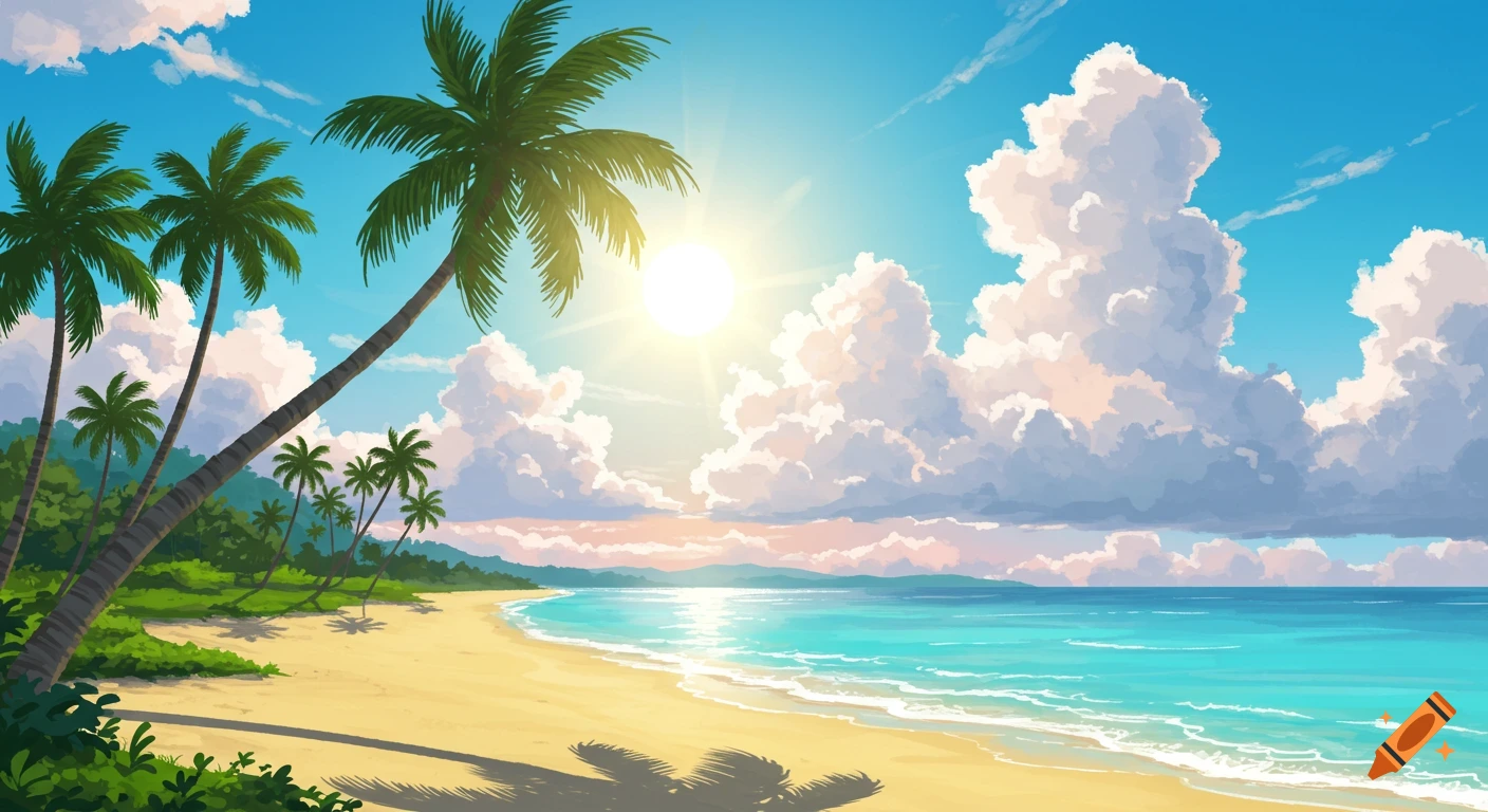 Vibrant illustration of a tropical beach with palm trees, bright sun, blue sky, and fluffy white clouds over turquoise water.