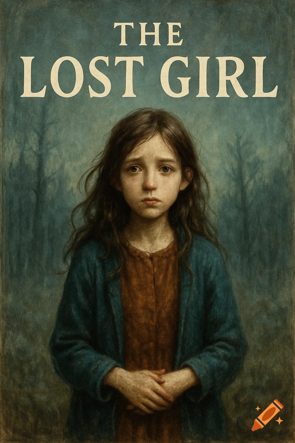 A stylized painting of a sad young girl on a book cover titled "The Lost Girl" against a dark, misty background.