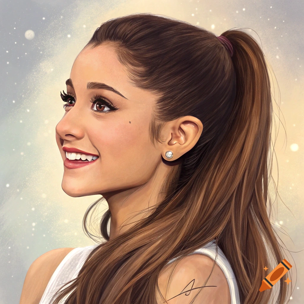 Digital painting of Ariana Grande smiling in profile, wearing a white top, with her hair in a high ponytail.