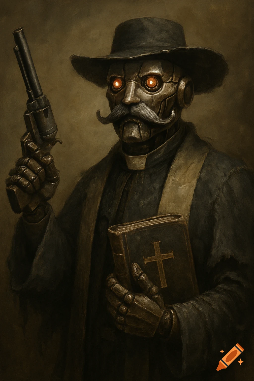 A steampunk-style automaton with glowing orange eyes and a large mustache wears a tattered priest's robe, holding a revolver in one hand and a bible with a cross on the cover in the other.