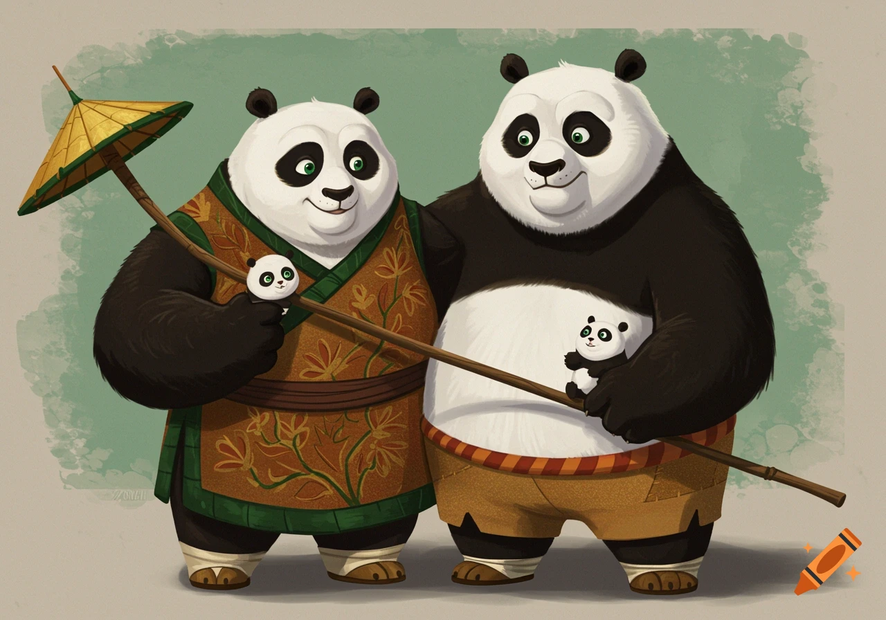 Cartoon image of two large pandas with two baby pandas, one holding a yellow umbrella and staff.