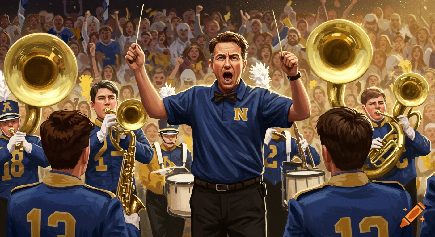 A band director conducts a marching band with brass and percussion instruments as a large crowd cheers in the background, in an illustration style.
