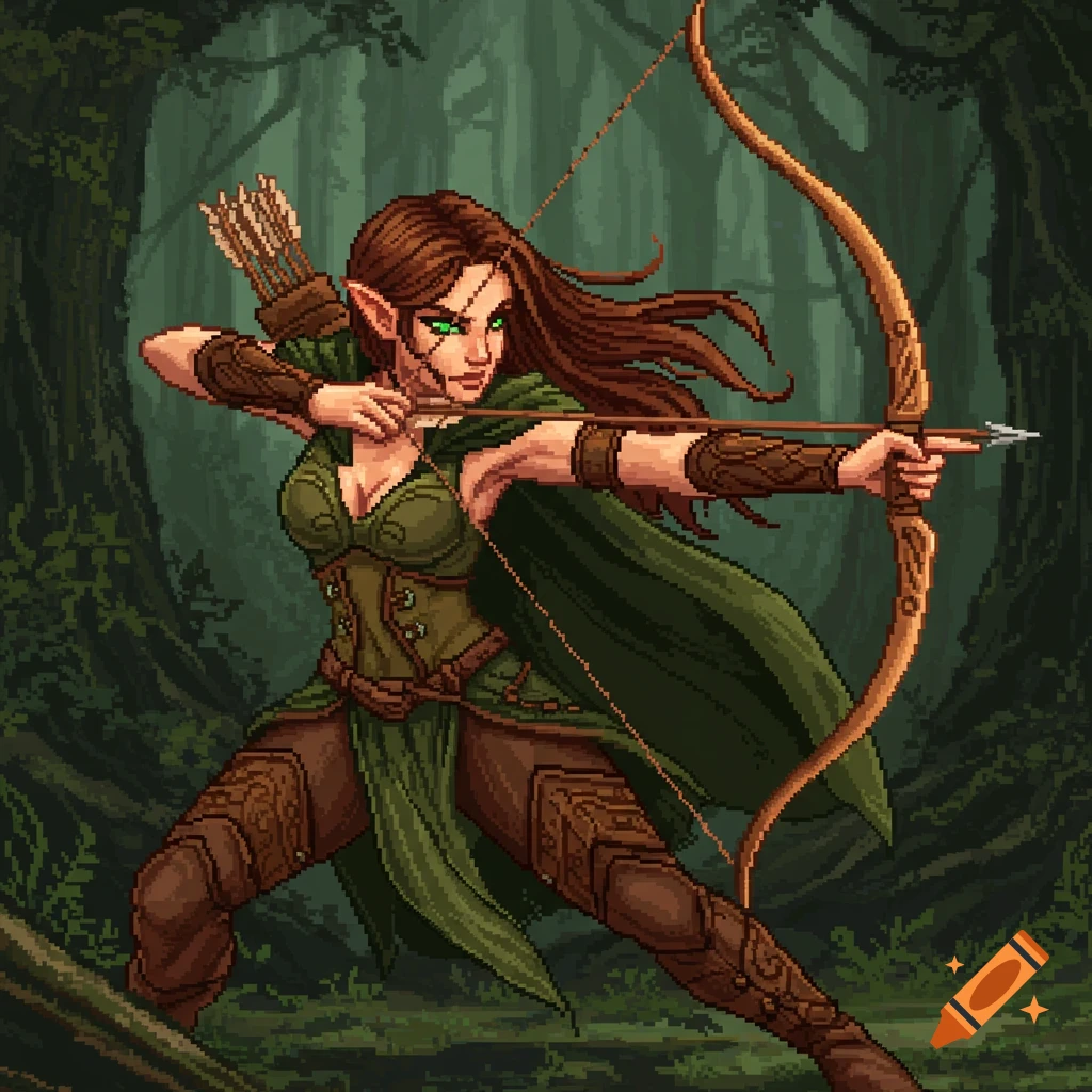 A female elf archer in a forest, aiming a bow and arrow, depicted in pixel art style.