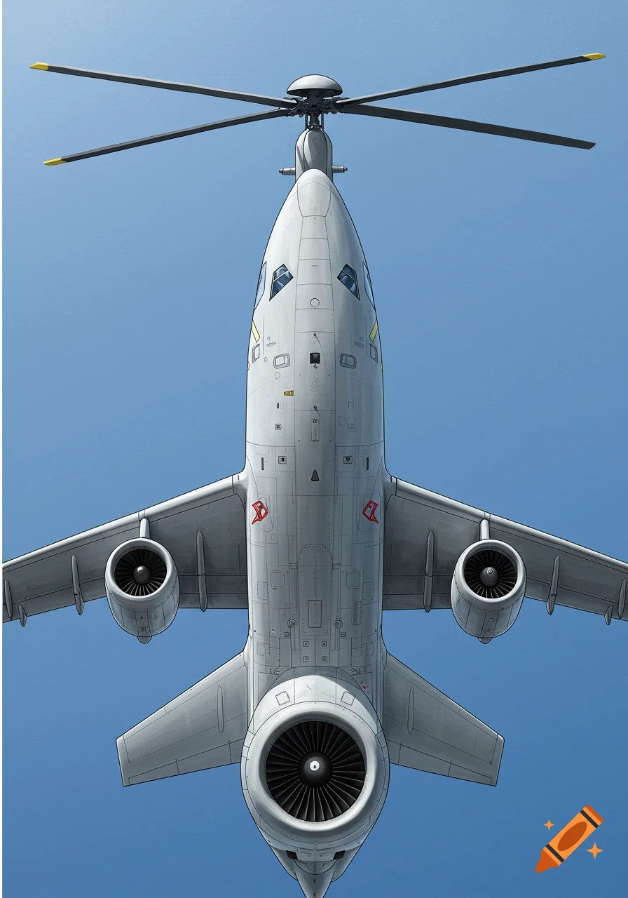 A futuristic grey aircraft with a helicopter rotor and multiple jet engines, viewed from directly below against a blue sky.