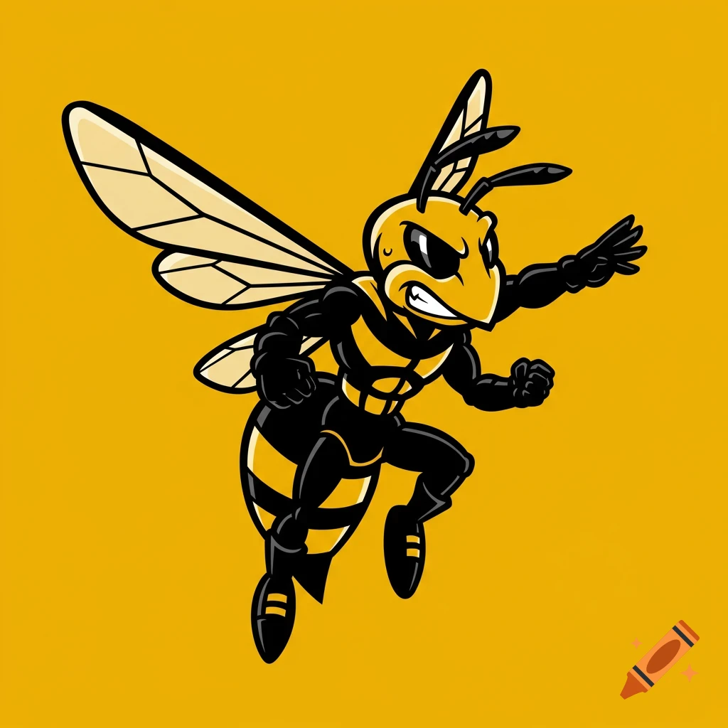 A dynamic vector art illustration of a muscular hornet mascot in black and yellow, striking a superhero pose.