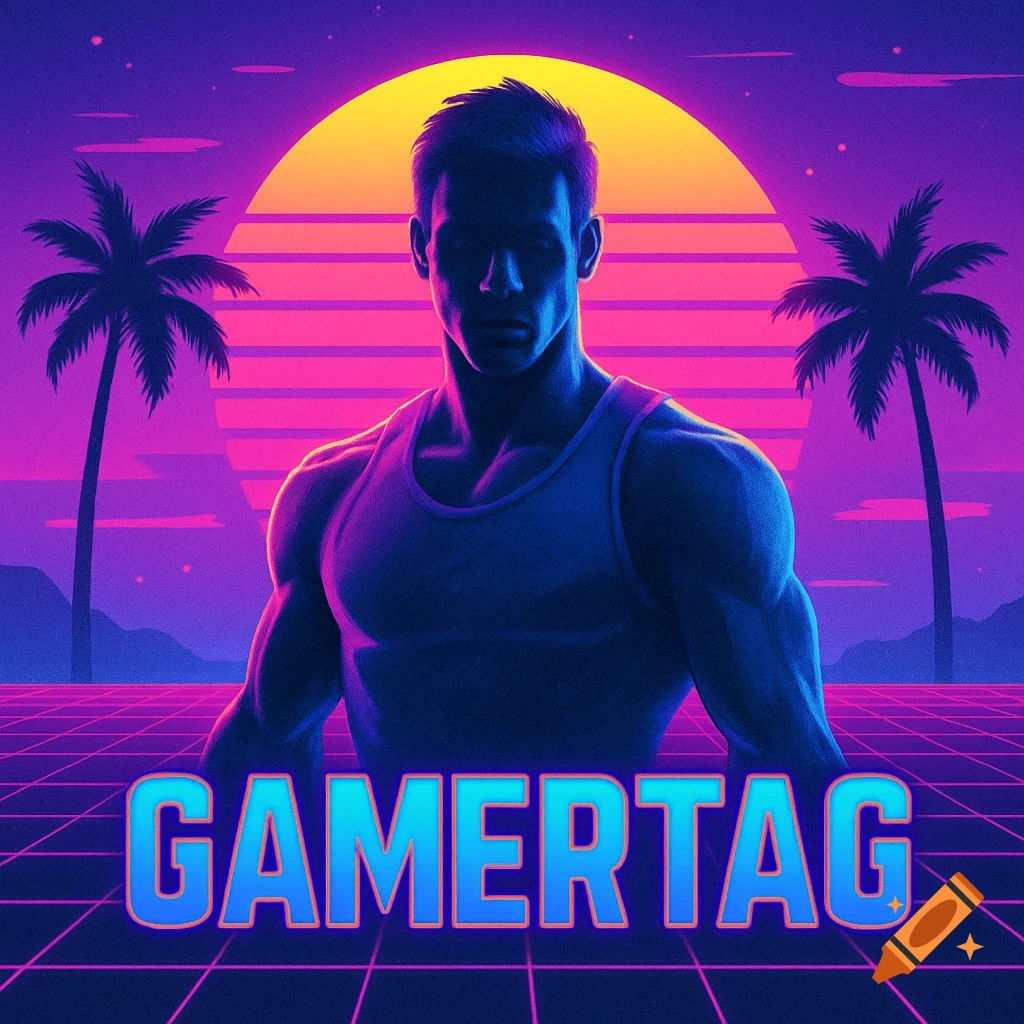 A vaporwave style image featuring a silhouetted athletic man in a tank top against a neon sunset and grid, with the word "GAMERTAG" in the foreground.