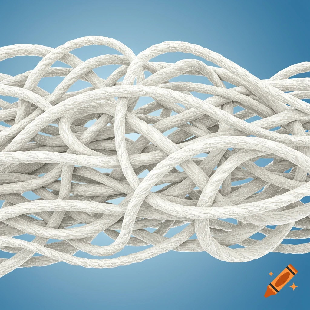 A close-up view of tangled white fibers against a blue background, depicting a textured abstract pattern.