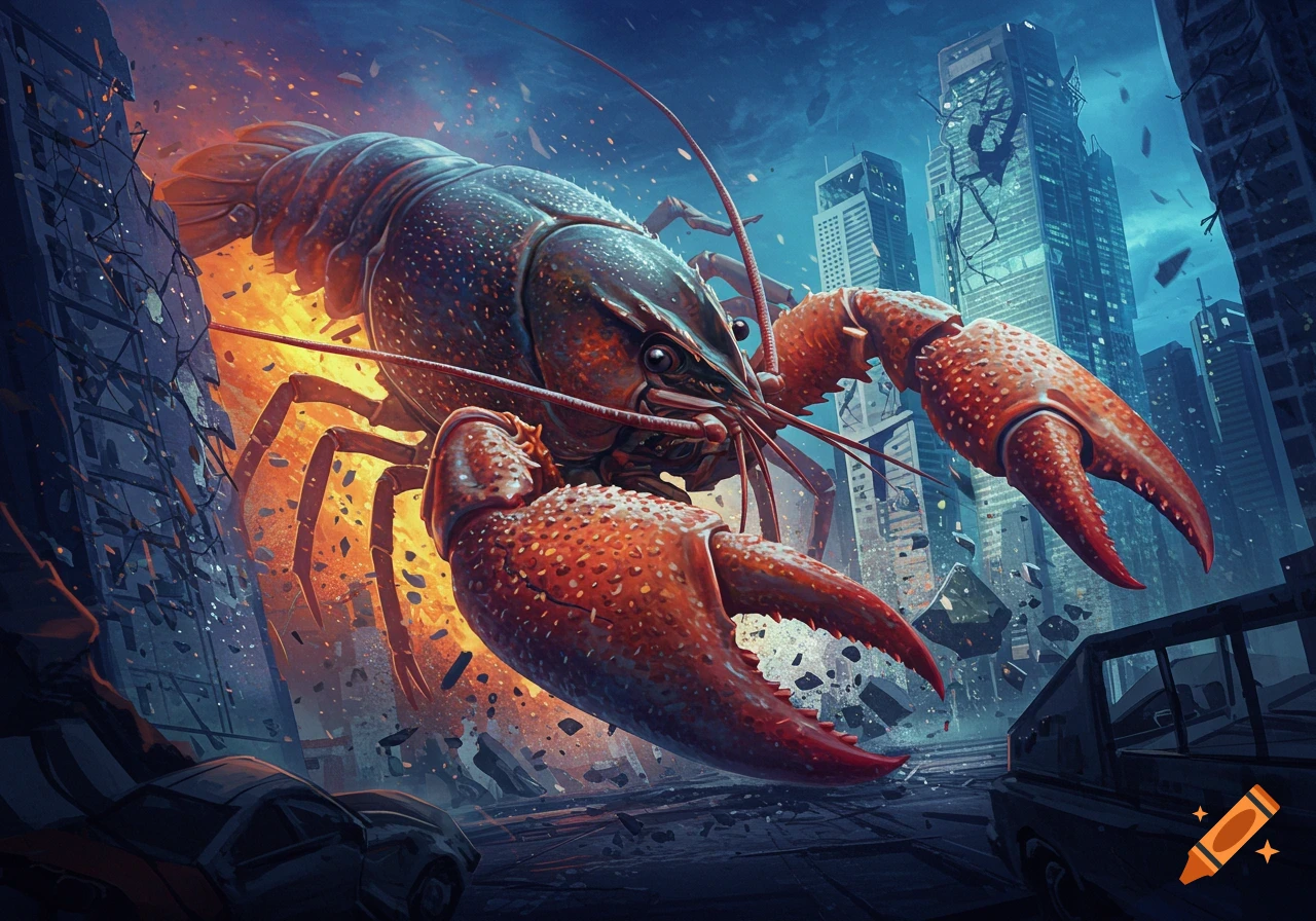 A giant red crayfish rampaging through a destroyed city with crumbling buildings and explosions in a dramatic illustrative style.