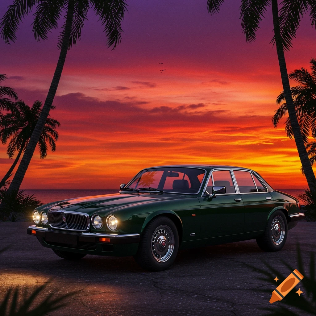 A dark green Jaguar car parked on an asphalt road with a vibrant orange and purple sunset over the ocean and palm tree silhouettes.
