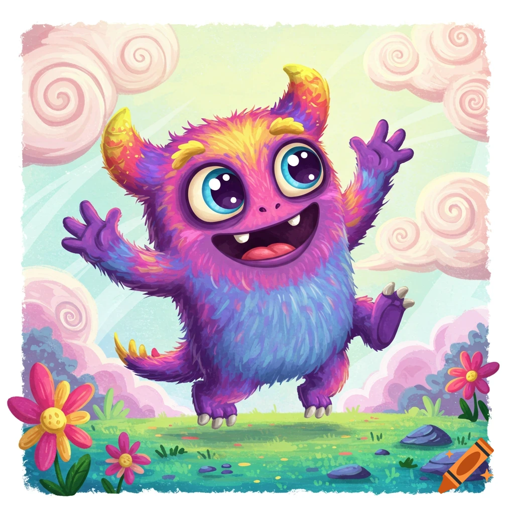 A vibrant, furry cartoon monster with big eyes and horns smiles and waves in a whimsical, colorful landscape with flowers and clouds.