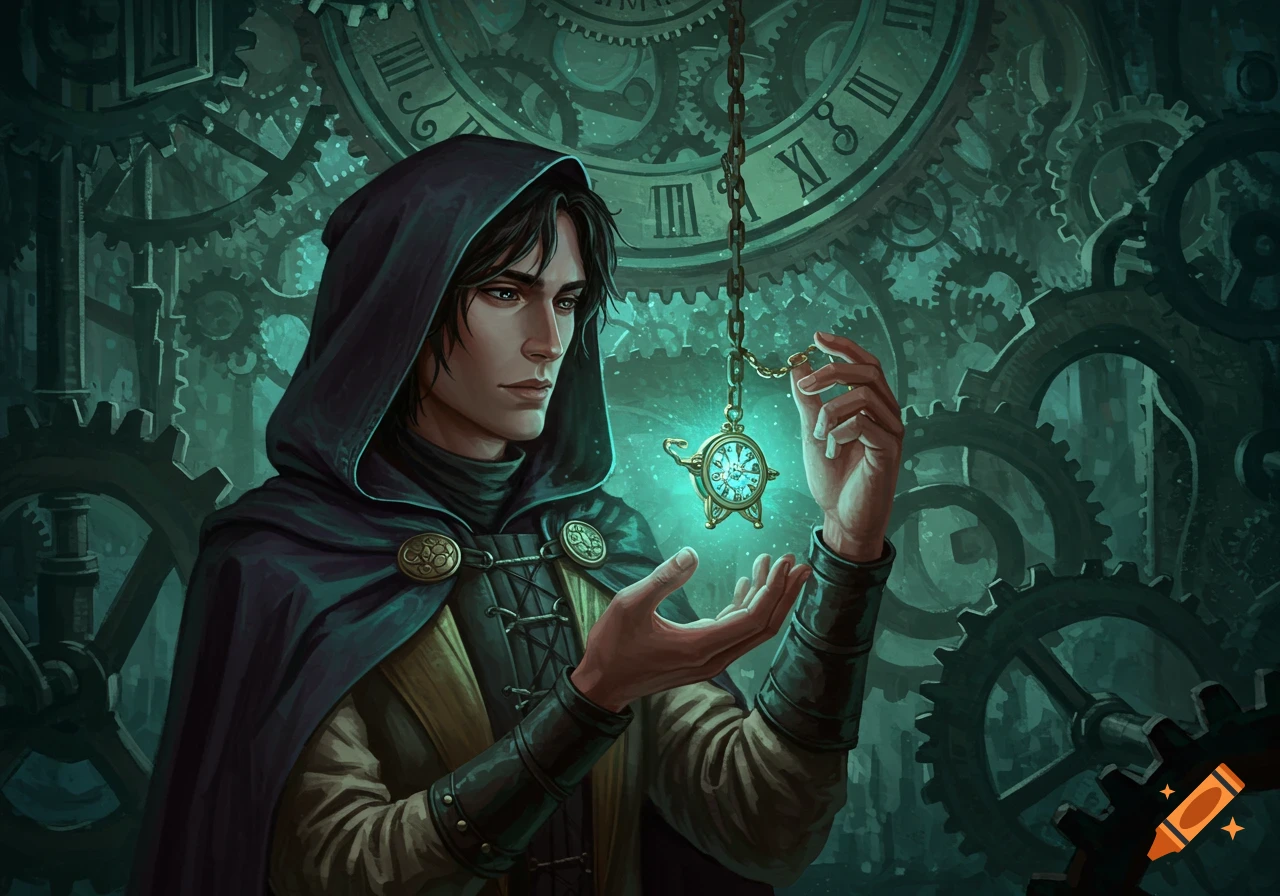 A hooded man holds a glowing pocket watch in his hands, with intricate gears and a clock face visible in the dark background.