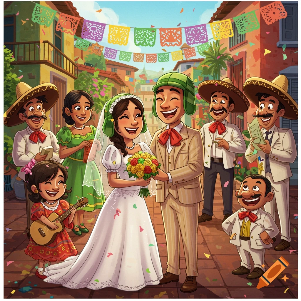 Cartoon wedding of El Chavo and bride, surrounded by guests in a festive Mexican street with papel picado.