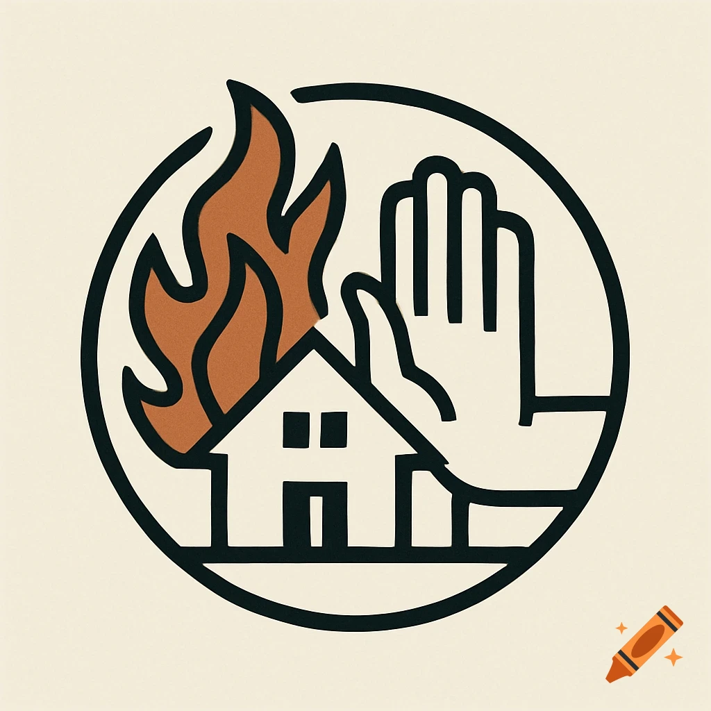 A minimalist vector logo depicting a hand shielding a burning house from flames within a circle.