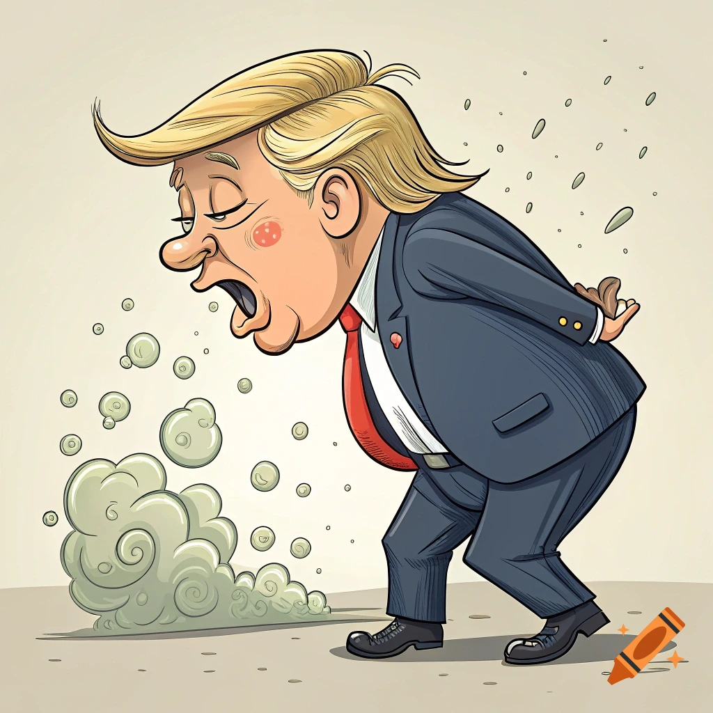 Cartoon caricature of Donald Trump with a red tie, bent over and farting green gas bubbles from his backside.