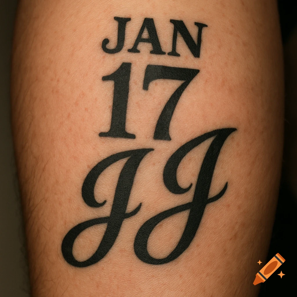 Close-up of a black tattoo on skin, reading "JAN 17" above "JJ" in a script font.