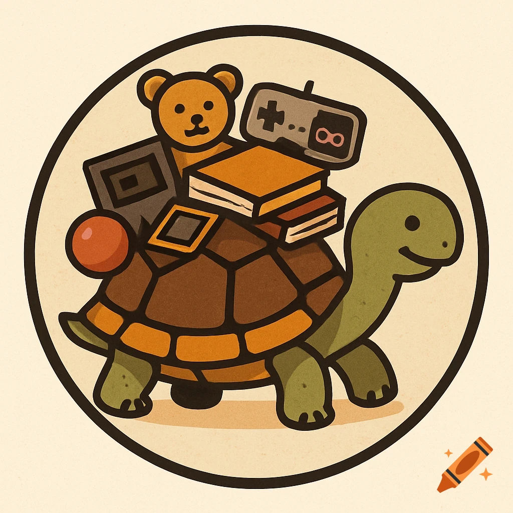 A cartoon turtle with books, a teddy bear, and a retro game controller on its shell, inside a circular frame.