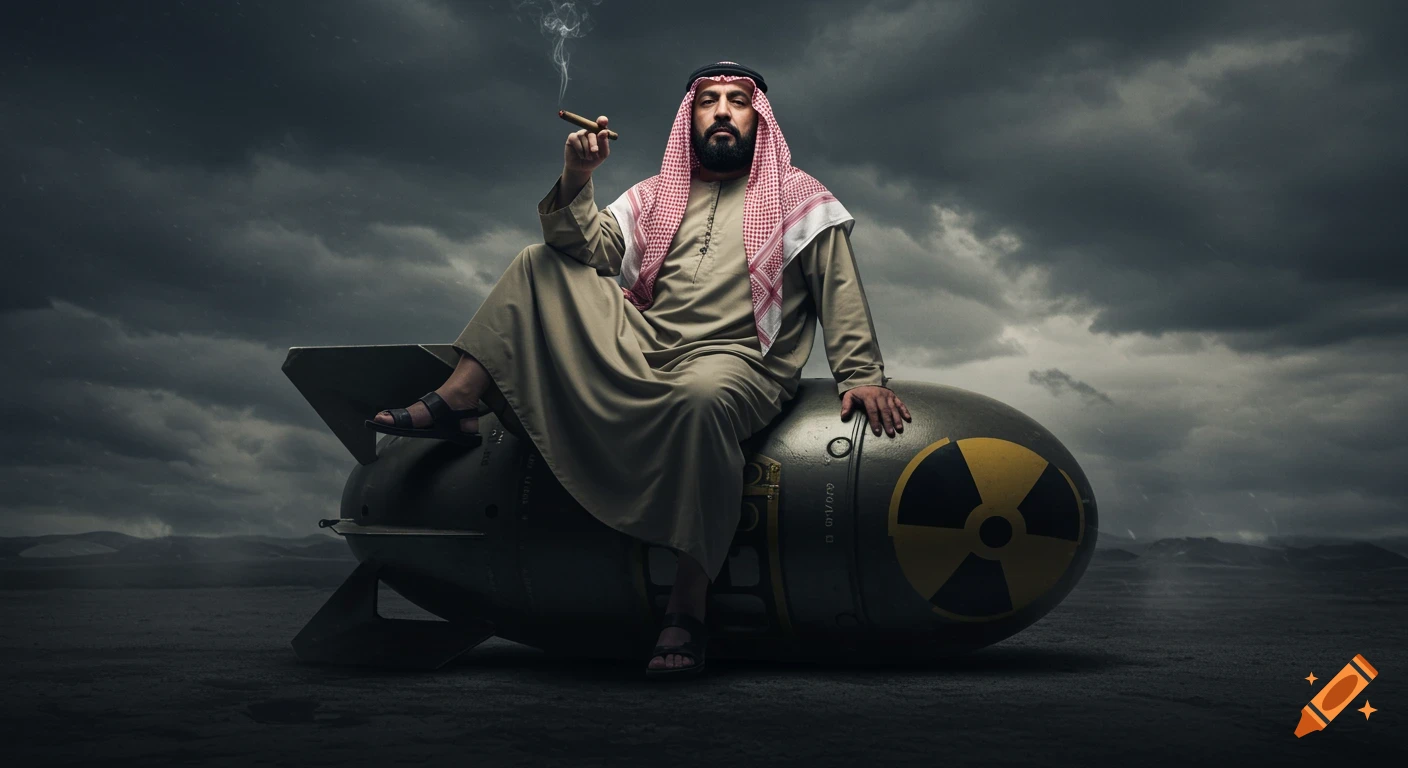 A man in traditional Middle Eastern robes sits casually on a large nuclear bomb, smoking a cigar against a stormy sky.