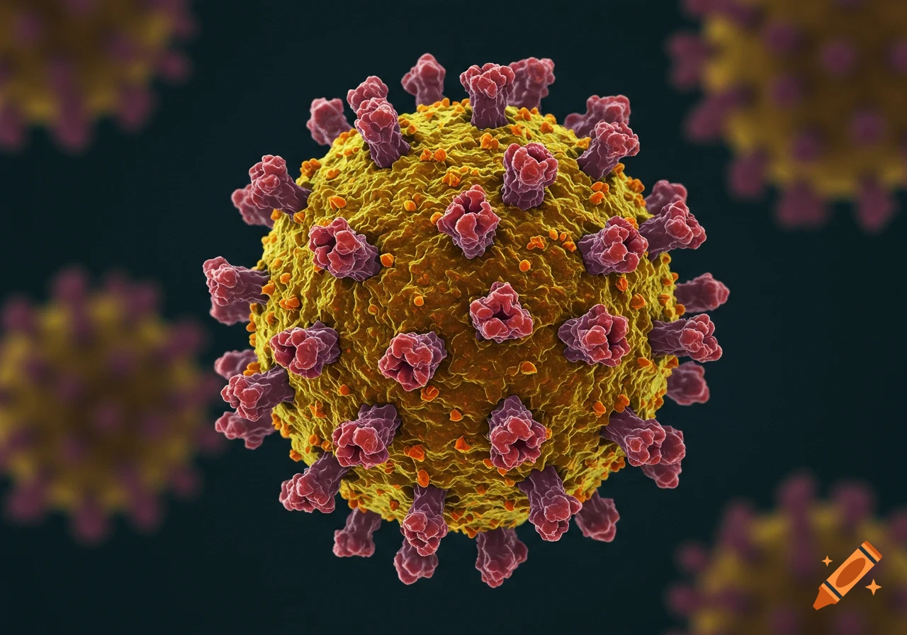 A highly detailed, photorealistic render of a yellow virus particle with red spikes on a dark background.