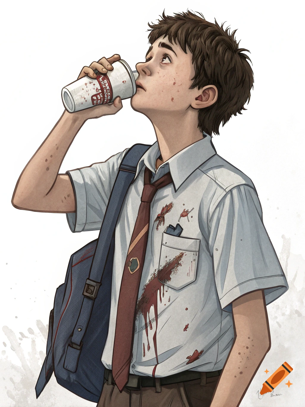 An illustrated boy in a school uniform drinks from a white cup. His white shirt has red stains, and he wears a red tie and a blue backpack.