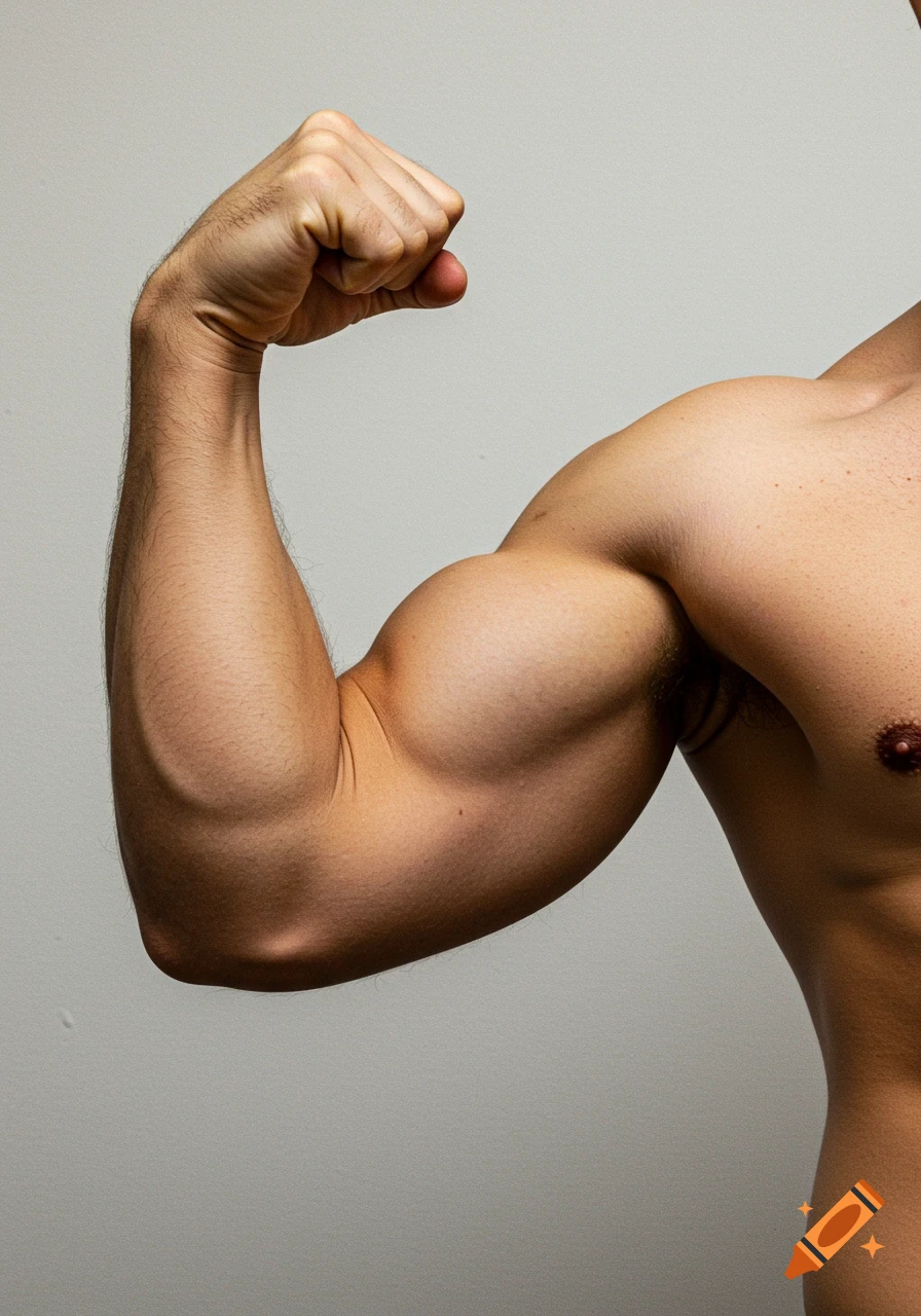 Close-up photorealistic image of a flexed male bicep and shoulder.