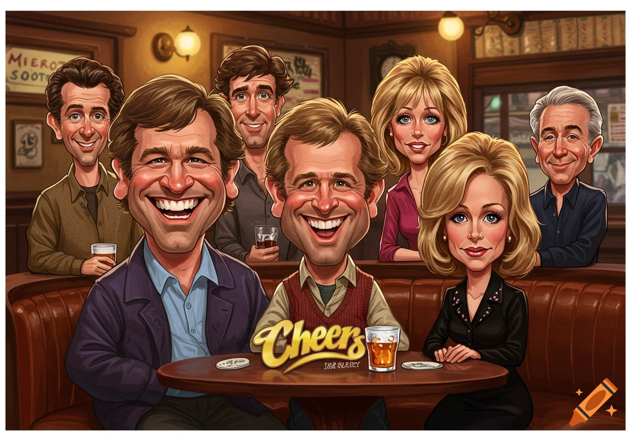 Caricature of the Cheers cast smiling and laughing in a bar setting with the show's logo.