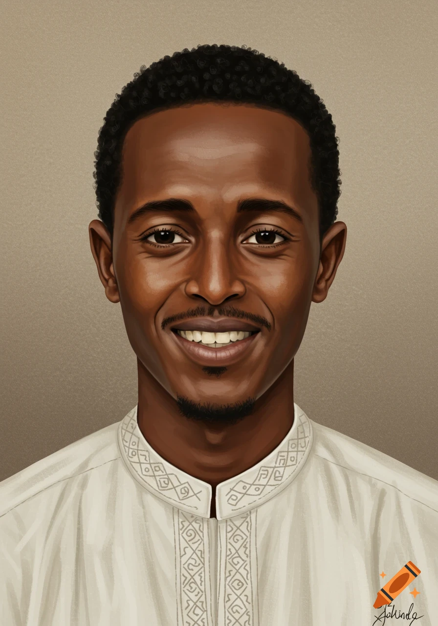 Smiling portrait of a young Ethiopian man with short curly hair and a goatee, wearing a white shirt with patterned trim, in a digital painting style.
