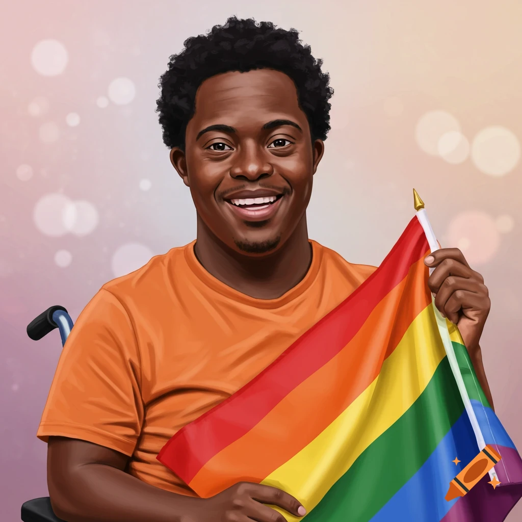 A smiling Black man with Down syndrome in a wheelchair holds a vibrant rainbow pride flag in a digital illustration.