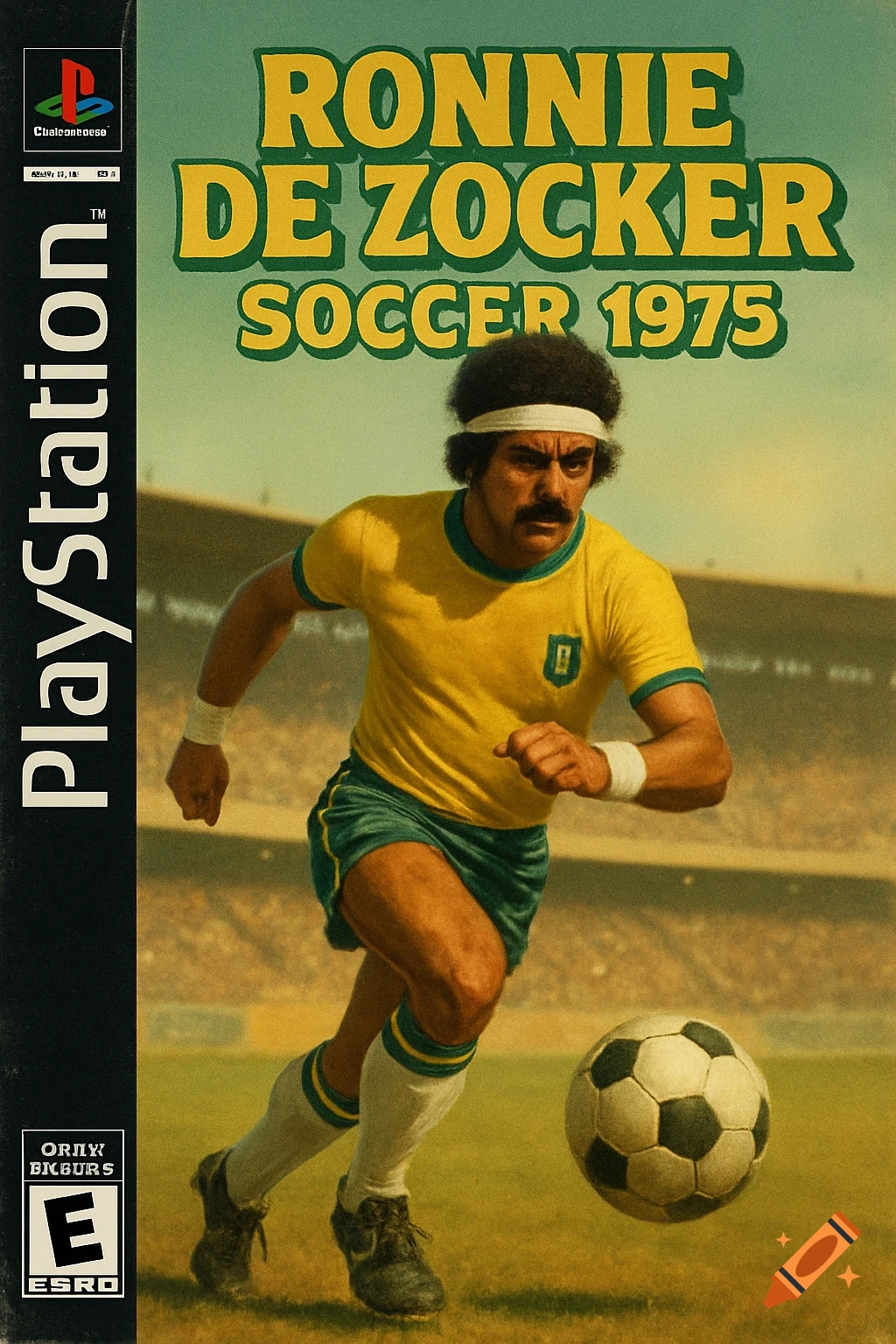 A retro-style PlayStation 1 game cover for "Ronnie De Zocker Soccer 1975" featuring a soccer player in a yellow and green Brazilian jersey dribbling a ball on a field.