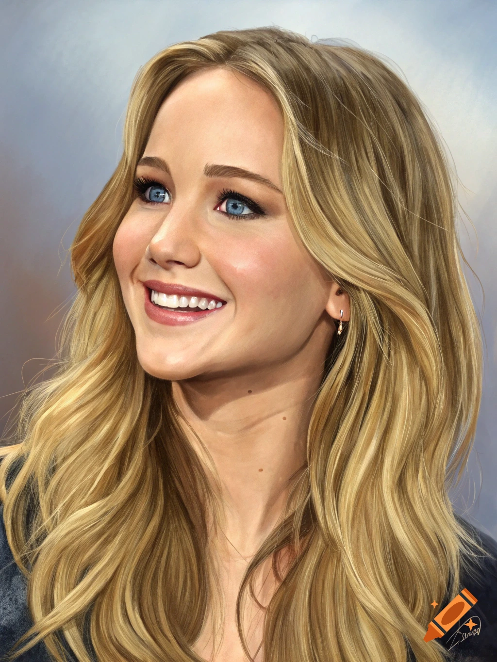 Close-up digital painting of a smiling woman with long blonde hair and blue eyes, looking upwards and to the left.