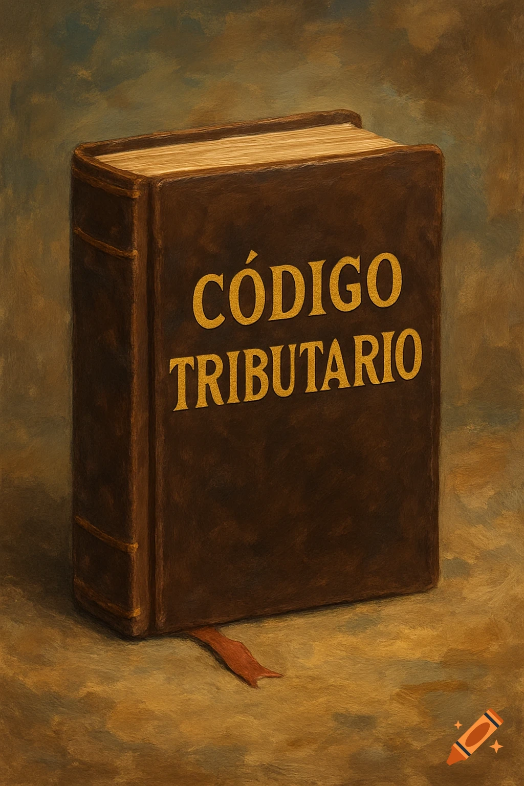 A brown book with gold lettering on the cover reading "C R DIGO TRIBUTARIO" in a painterly style, with a red bookmark.