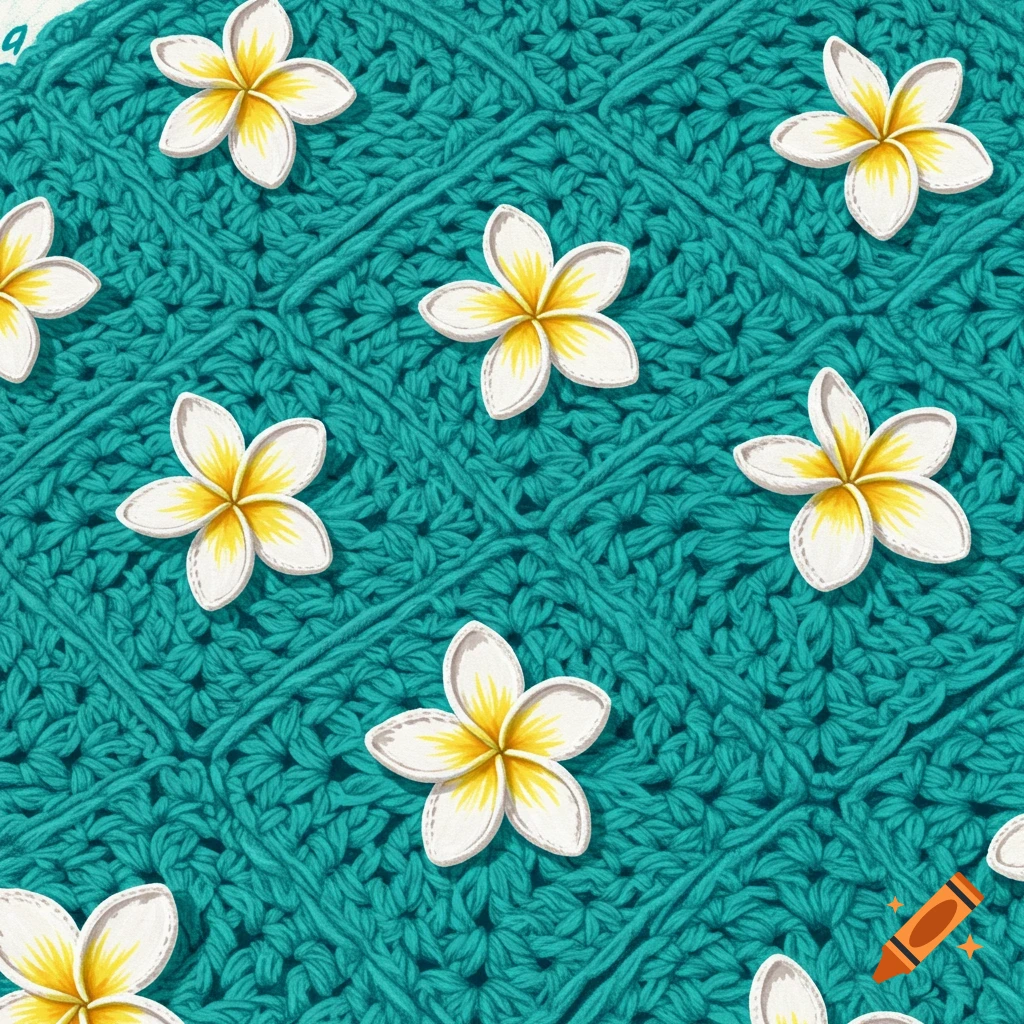 White and yellow plumeria flowers arranged on an aqua blue crocheted background with intricate texture.