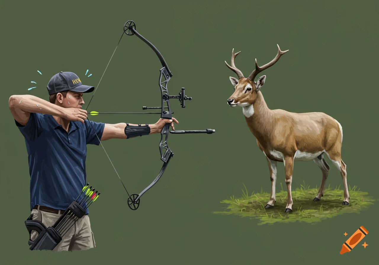 An archer aims a compound bow at a 3D deer target in a realistic, illustrative style.