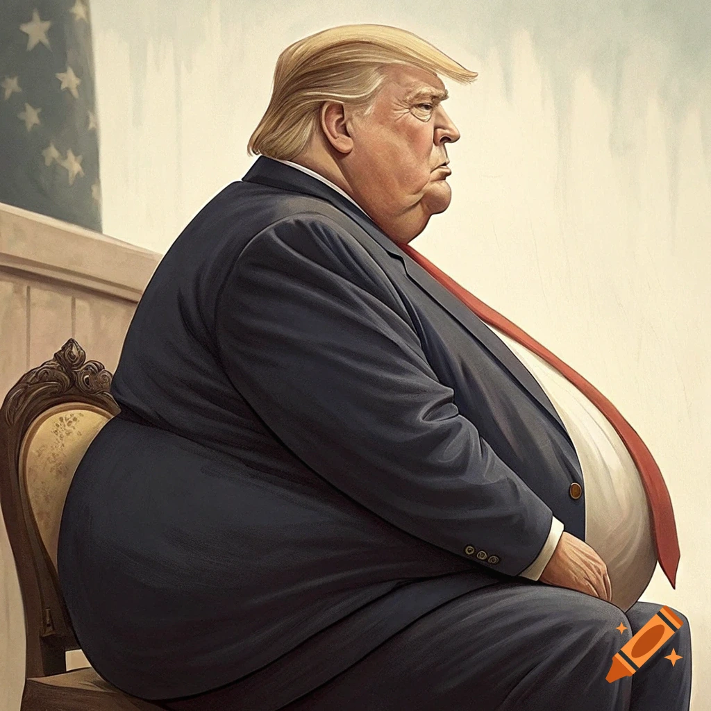 A caricature of a morbidly obese political figure resembling Donald Trump sitting on a chair in profile.