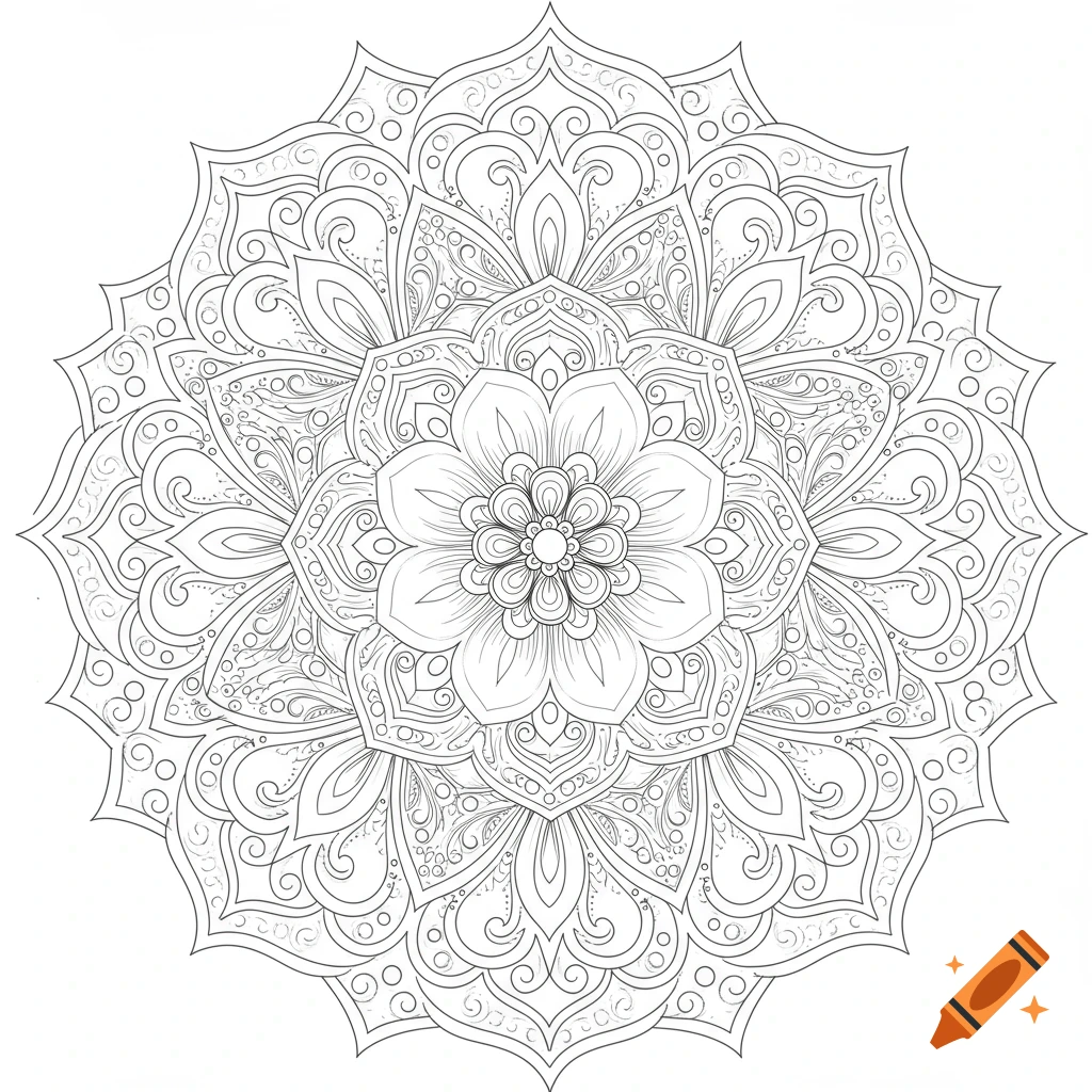 Detailed black and white line art mandala, suitable for a coloring page.
