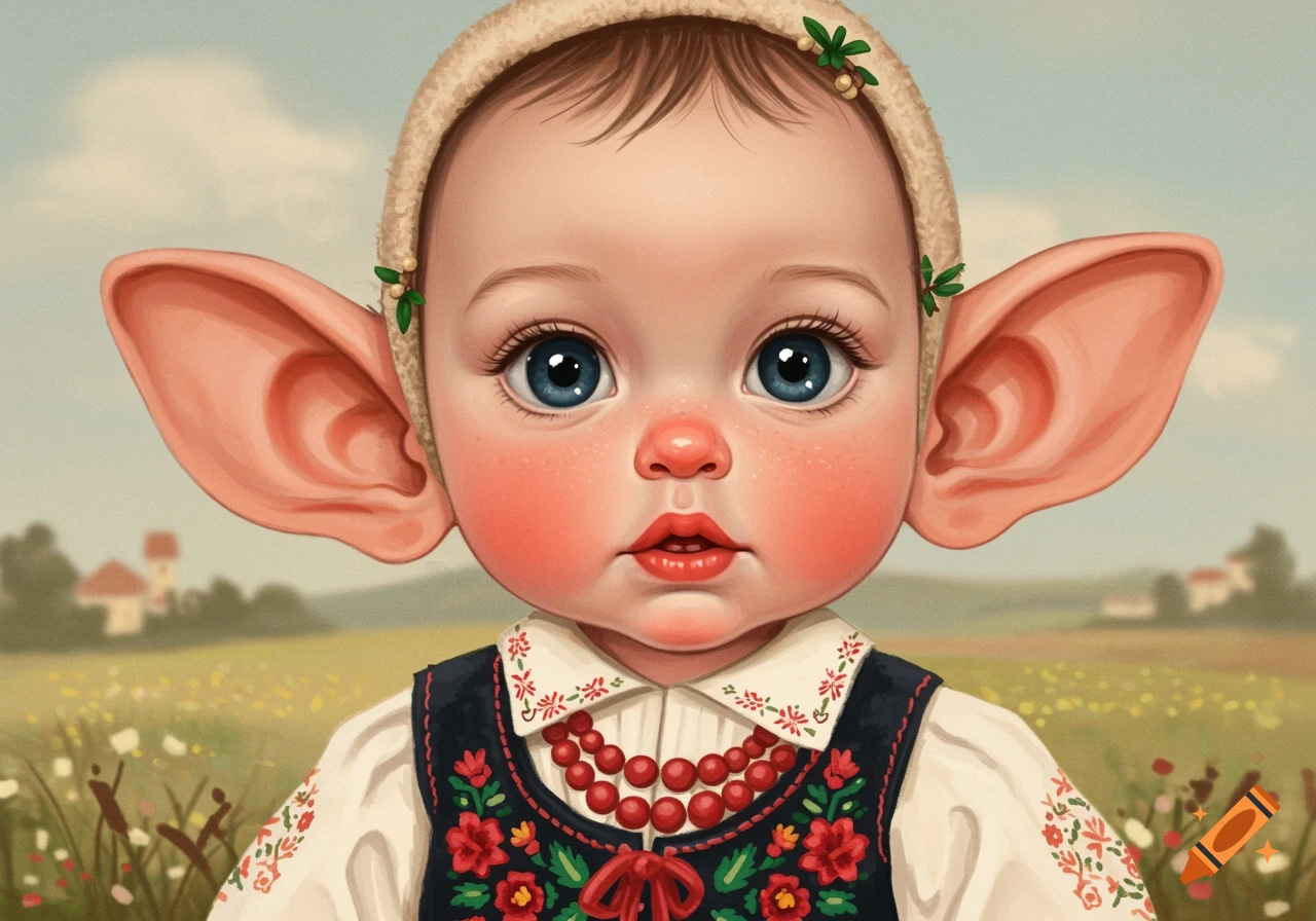 Stylized illustration of a baby with large ears, rosy cheeks, and blue eyes, wearing traditional embroidered clothing and a beaded necklace in a field.