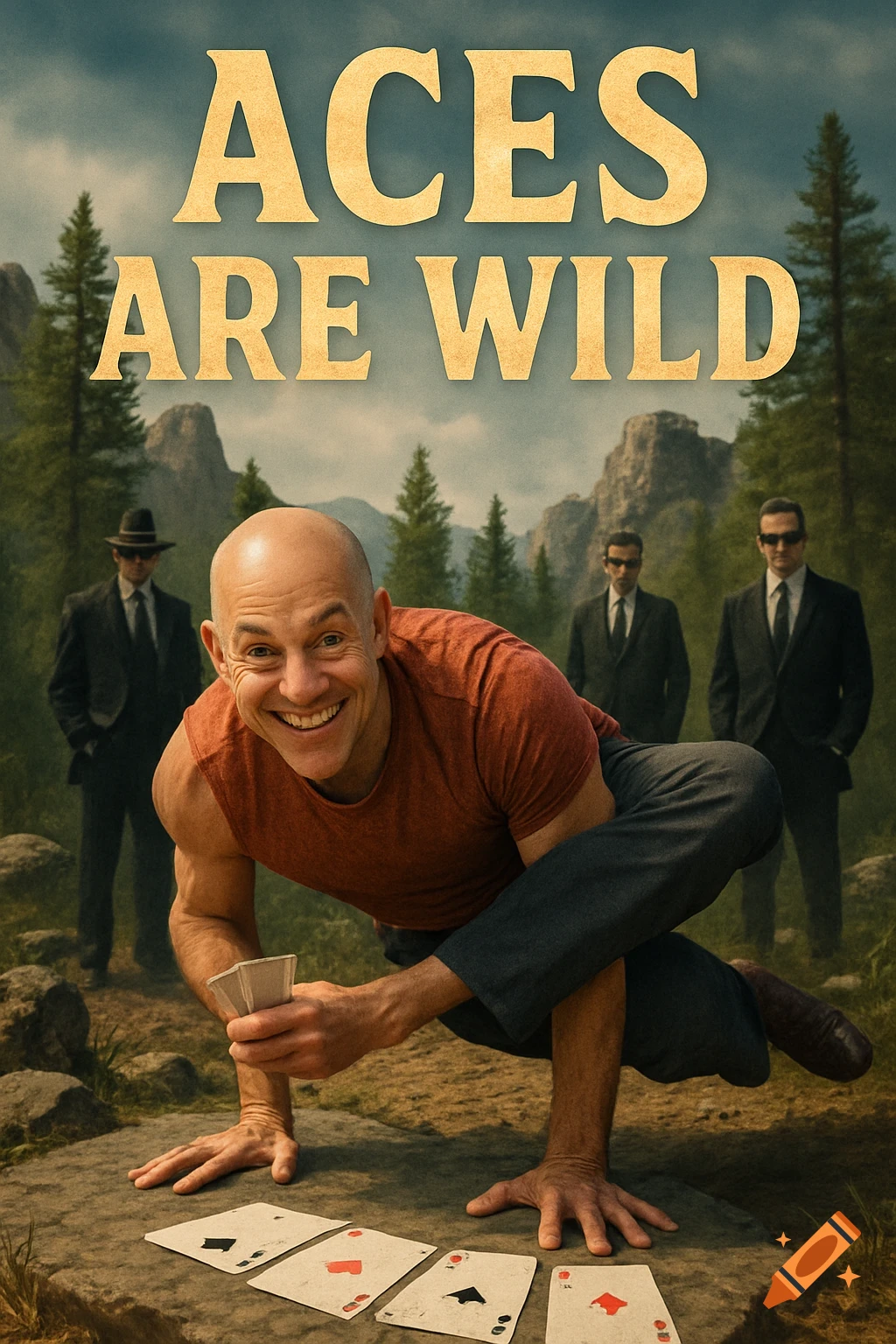 Smiling bald man in an arm balance pose playing cards outdoors, with "ACES ARE WILD" title above. Three suited men lurk behind.