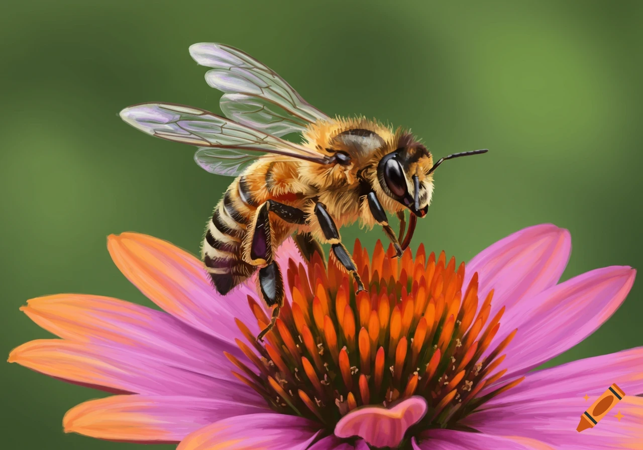 A detailed illustration of a bee on a purple and orange coneflower against a green background.