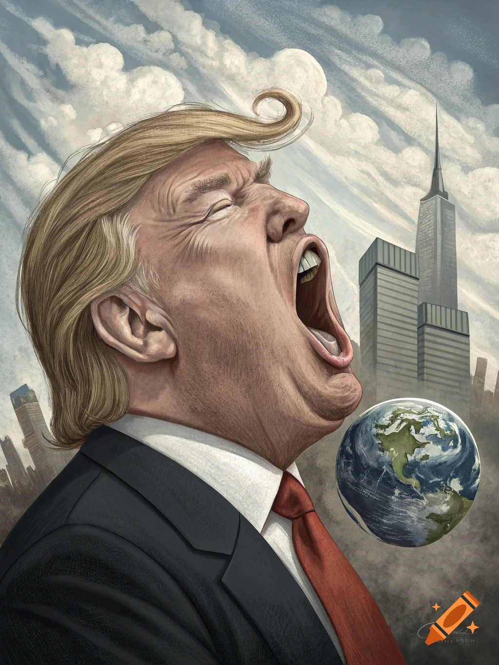 A political caricature illustration of Donald Trump with a wide open mouth, appearing to swallow the Earth, with city buildings in the background.