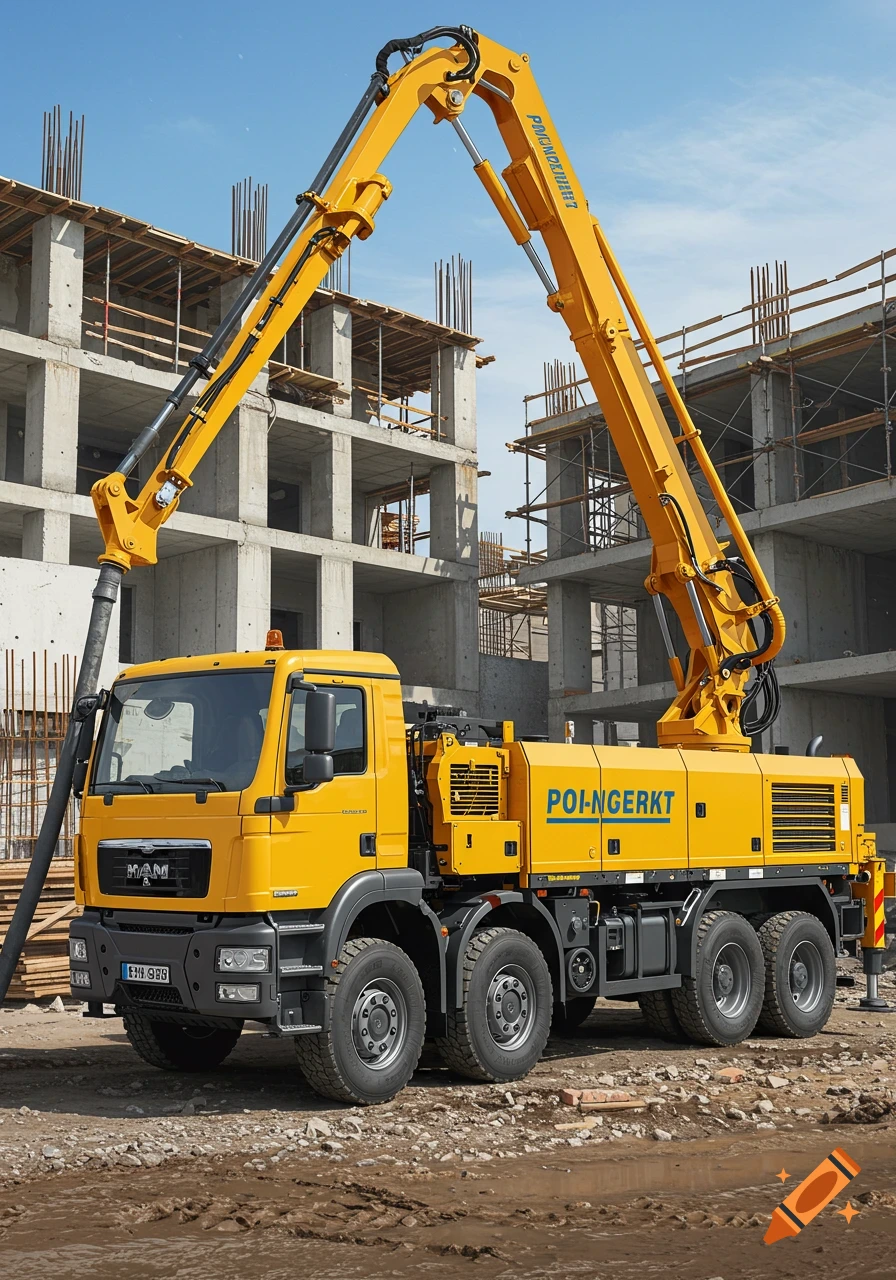 A large yellow concrete pump truck with its boom extended, parked on a dirt ground in front of an unfinished concrete building at a construction site.