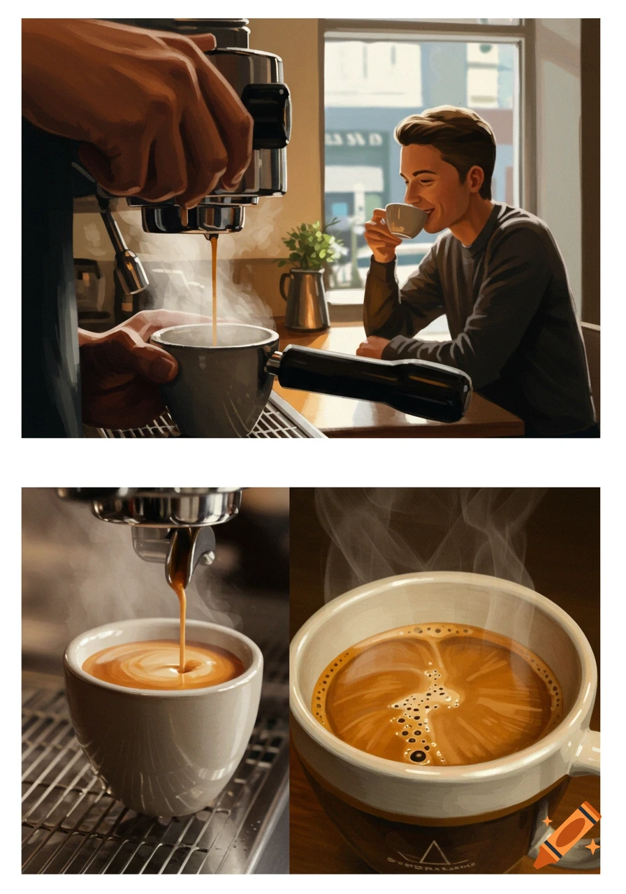 Digital art of a barista making espresso and a man smiling while drinking coffee in a cafe, with close-ups of espresso pouring and a steamy cup.
