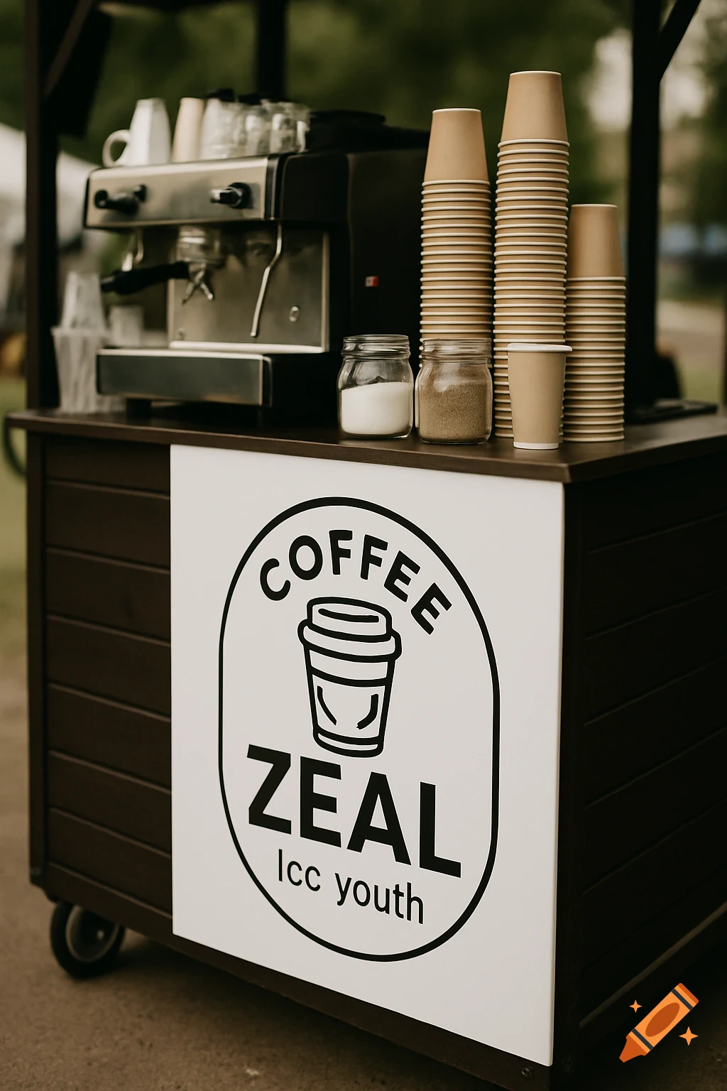 A mobile coffee stand with an espresso machine, stacks of paper cups, and a sign displaying 'COFFEE ZEAL lcc youth'.