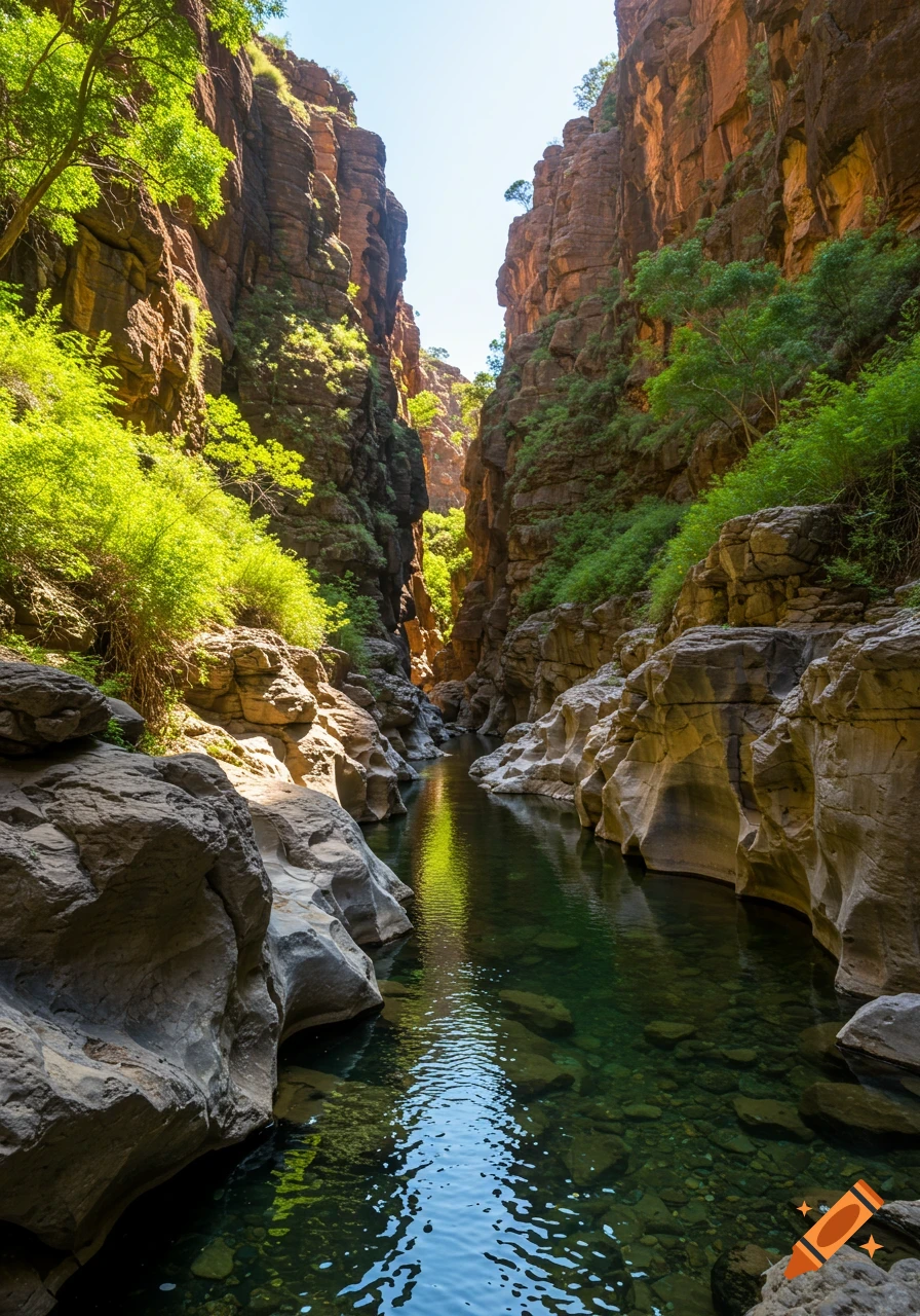 A clear river flows through a narrow, sunlit canyon with steep rocky walls covered in green foliage.