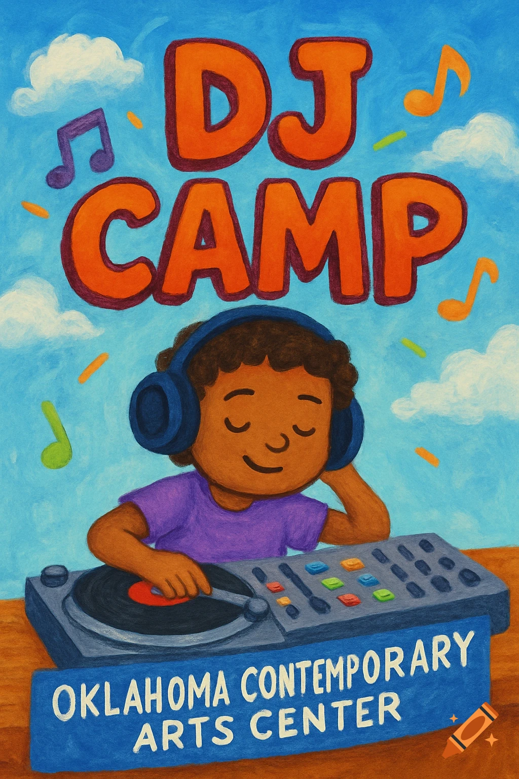 A vibrant illustration of a child DJ with headphones on a turntable, with "DJ CAMP" at the top and "OKLAHOMA CONTEMPORARY ARTS CENTER" at the bottom.